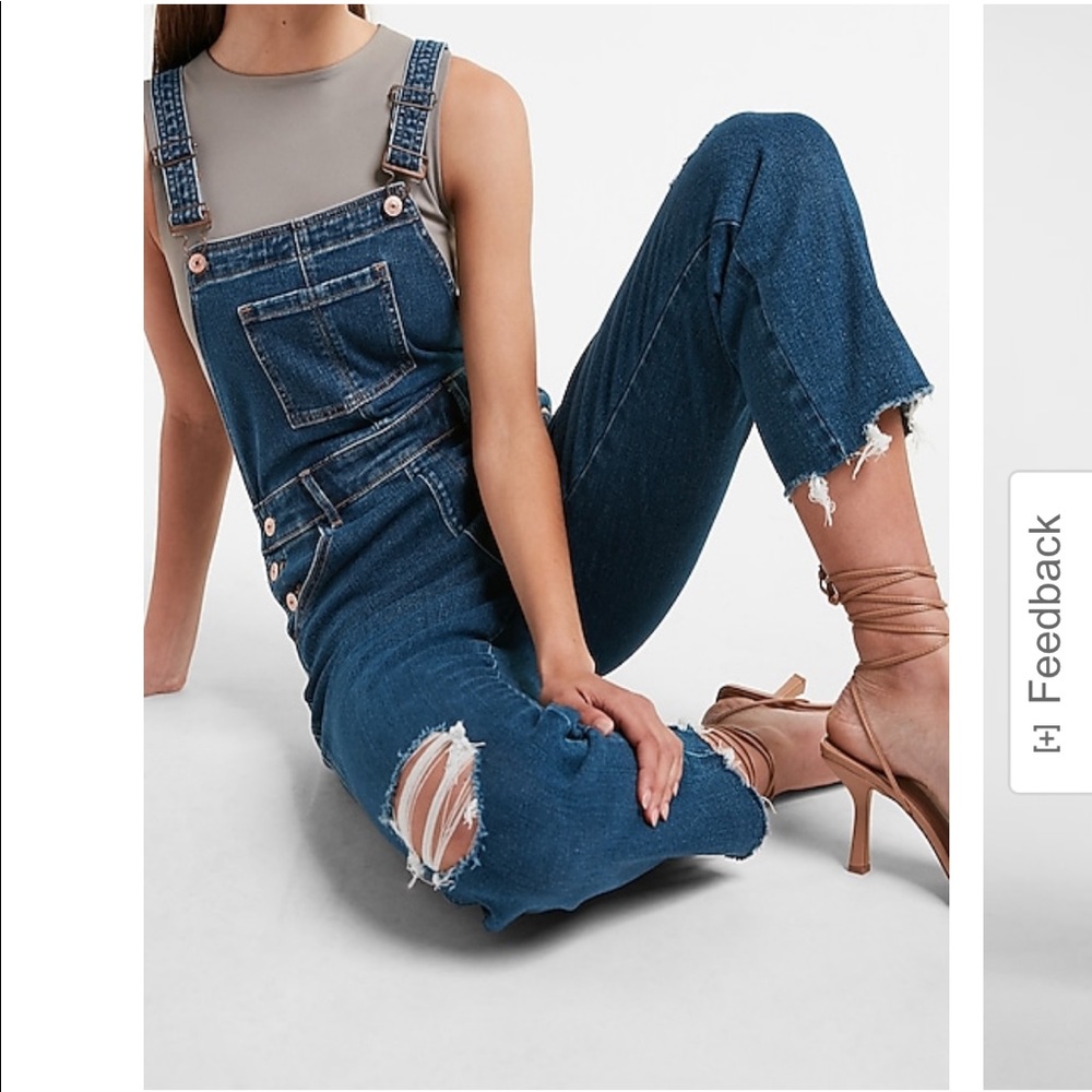 Express | Medium Wash Ripped Straight Jean Overalls